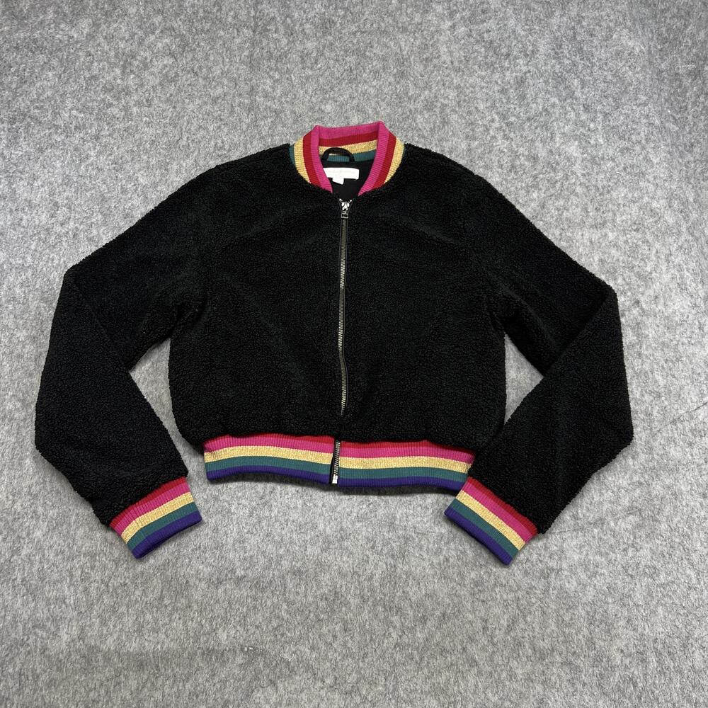 Spiritual Gangster Jacket Womens Small Black Faux Fur Rainbow Stripe Bomber